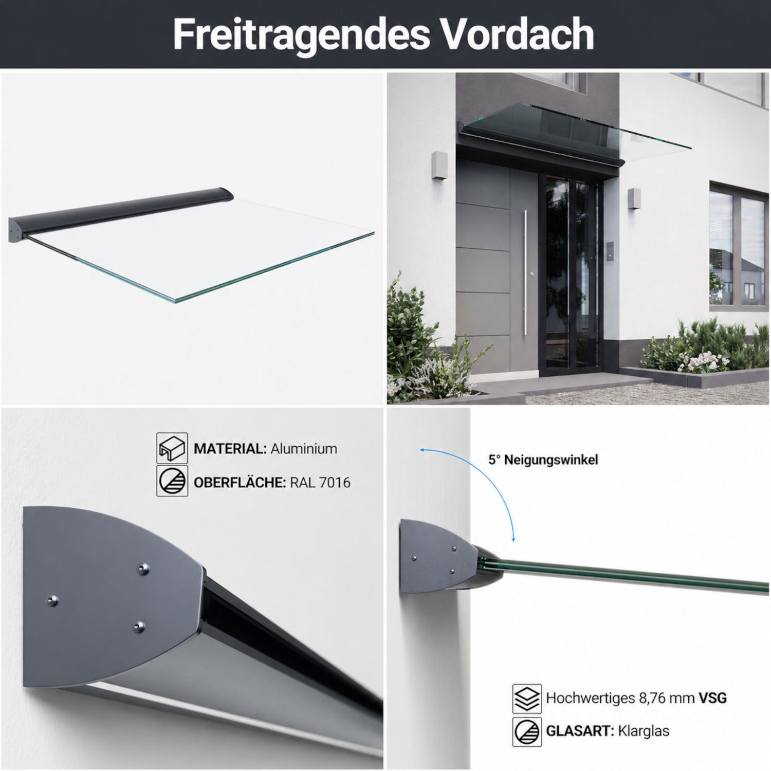 Glasvordach Türvordach Überdachung Haustür Regenschutz Vordach zur Selbstmontage